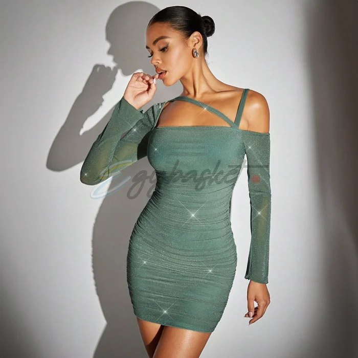 Glitter Ruffle Asymmetric Neck Bodycon Dress - Image 1