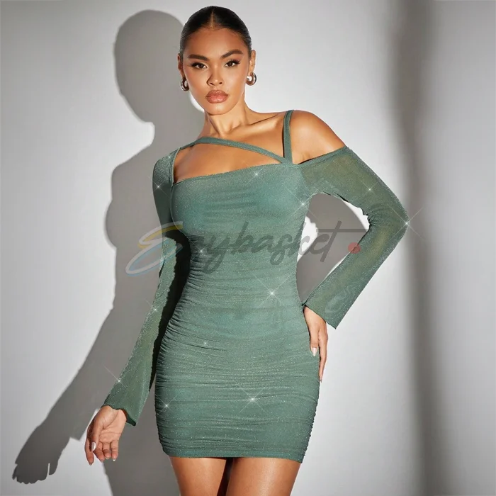 Glitter Ruffle Asymmetric Neck Bodycon Dress - Image 2