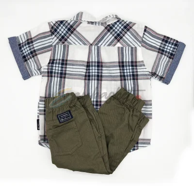 Ben Sherman baby boy clothes Casual Outfit Set Blue Plaid Shirt and Olive Green Trousers