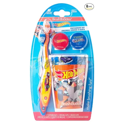 Brush Buddies 2 tooth brush kids with 2 rinsing cups and 2 brush caps boys hot wheel