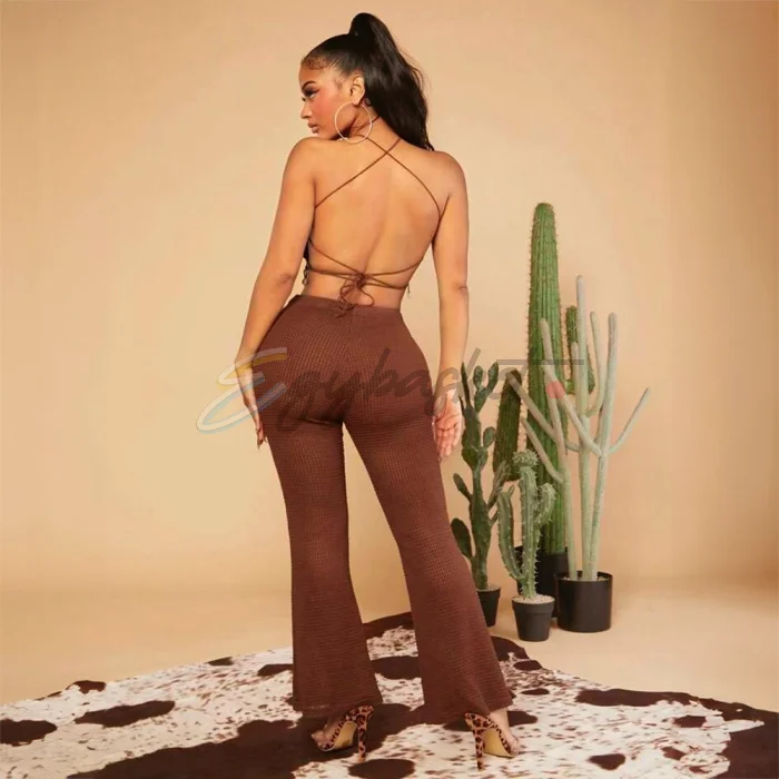 SHEIN SXY Lace Up Backless Halter Top & Flare Pants - Image 3