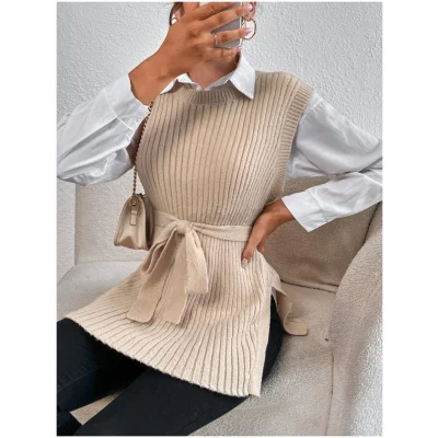Tank Knit Dress Round Neck Long Vest Tunic Sweater Dress With Belt