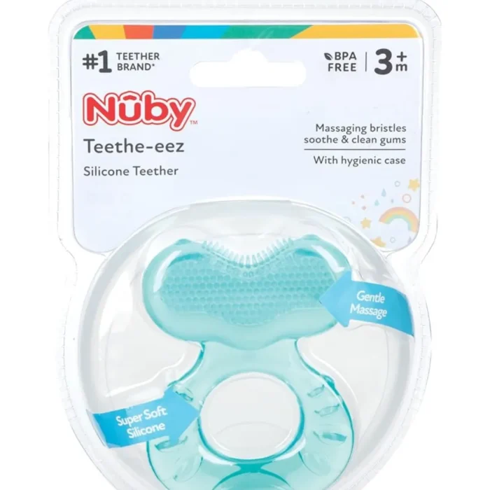 Nuby Silicone Teethe-EEZ Teether with Bristles, Includes Hygienic Case, Aqua - Image 1