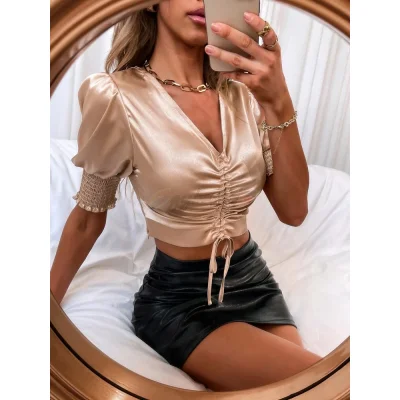 Drawstring Front Satin Crop Blouse