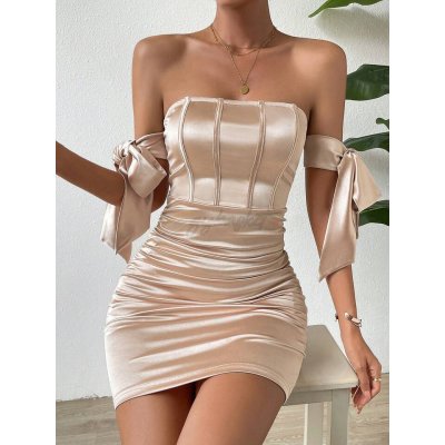 shein Off Shoulder Knot Side Ruched Bodycon Dress