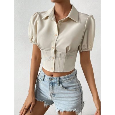 SHEIN Privé Puff Sleeve Button Front Crop Shirt