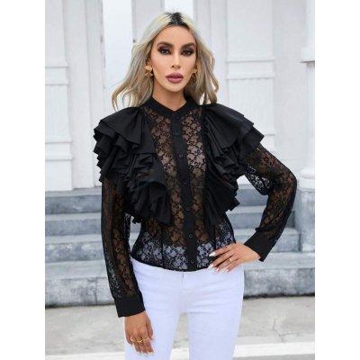 SHEIN Privé Ruffle Trim Lace Blouse