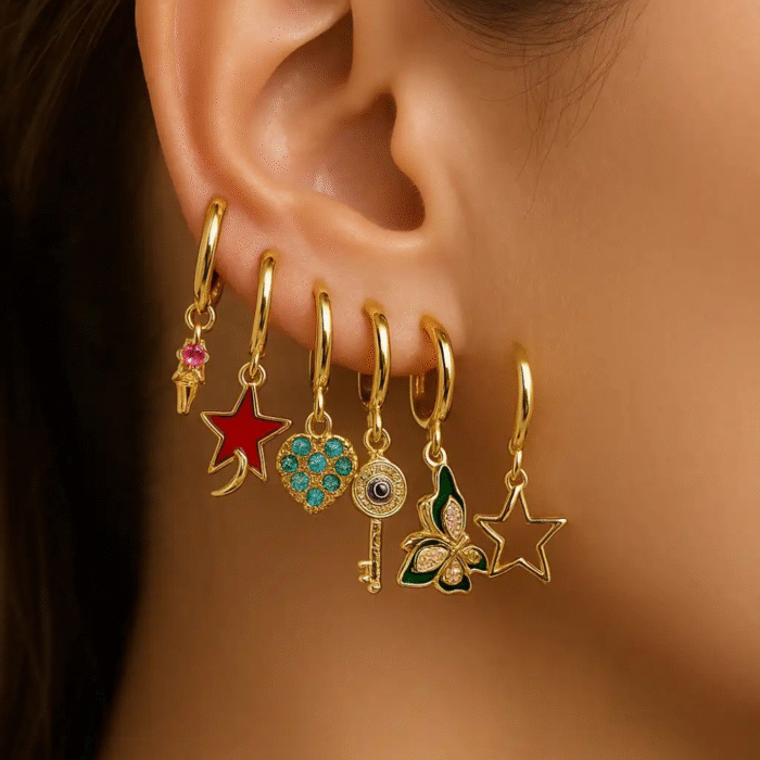 NEFERU Golden Muse: The Ultimate 6-Charm Earring Set - Image 1