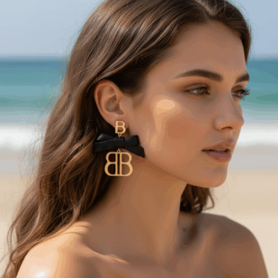 Black Bow & Gold Initial Earrings